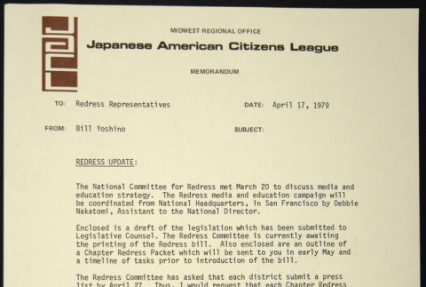 Memo to Redress Representatives from Bill Yoshino with Redress Update (ddr-chijacl-1-230)
