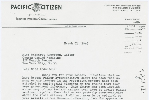 Letter from Larry Tajiri to Margaret Anderson, editor of Common Ground (ddr-densho-338-428)