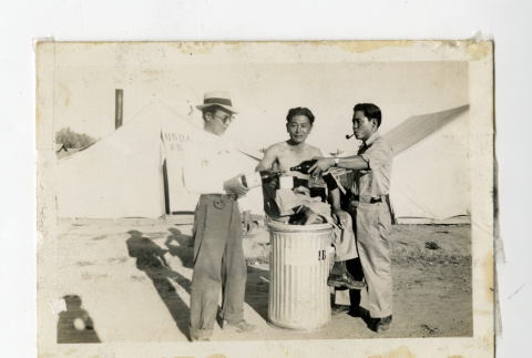 George N. Naohara, Tadashi Sakaida, and Kenneth Kenji Kuwahara at Civilian Conservation Corps mobile camps, Rupert, Idaho (ddr-csujad-38-61)
