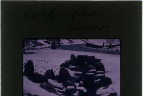 Rock sculpture in snow at the Schulman Corp. Park project (ddr-densho-377-996)