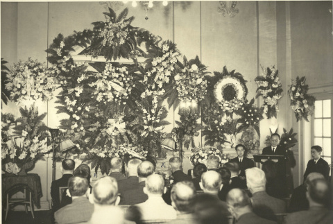 Buddhist funeral inside Shaw & Sons funeral home (ddr-densho-293-18)