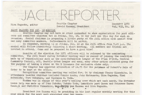 Seattle Chapter, JACL Reporter, Vol. VII, No. 12, December 1970 (ddr-sjacl-1-125)
