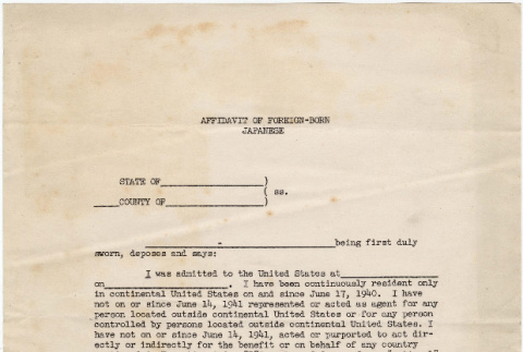 Blank Affidavit of Foreign Born Japanese and blank record of birth certificate (ddr-densho-423-272)