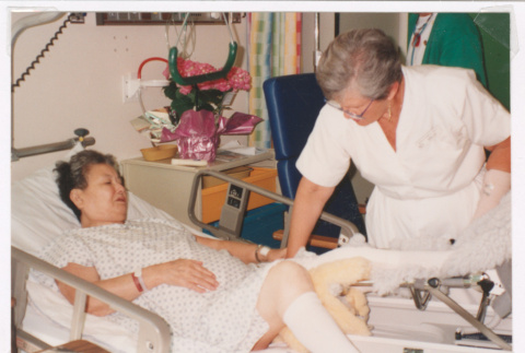 Mitzi Isoshima recovering from knee surgery (ddr-densho-477-695)