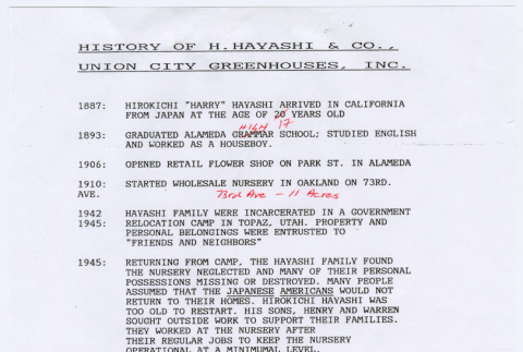History of H. Hayashi & Co., Union City Greenhouse Inc. (ddr-densho-441-29)