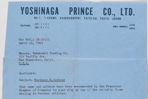 Letter from T. Ishibuchi, Yoshinaga Prince Company, to Takahashis (ddr-densho-424-441)
