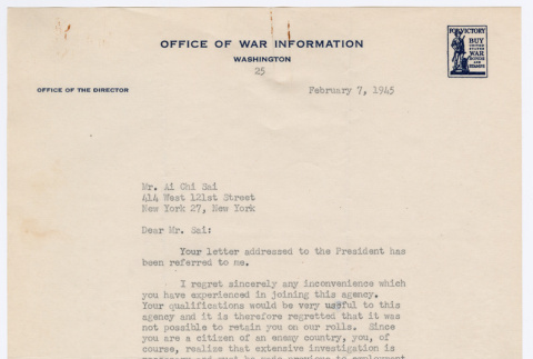 Letter from Elmer Davis, Director of Office of War Information, to Ai Chih Tsai (ddr-densho-446-107)