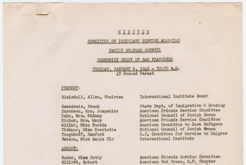 Meeting Minutes from Committee of Immigrant Serving Agencies  meeting on January 6, 1942 (ddr-densho-356-761)