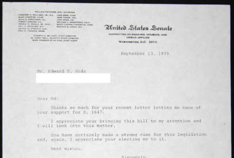 Letter to Edward Hida from William Proxmire (ddr-chijacl-1-415)