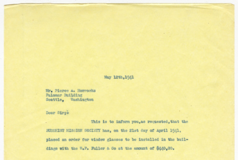 Letter from the Seattle Buddhist Church to Pierce A. Horrocks (ddr-sbbt-4-40)