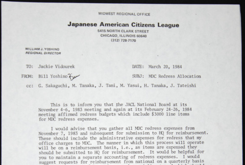 Memo to Jackie Vidourek from Bill Yoshino (ddr-chijacl-1-719)