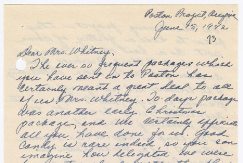 [ Letter to Mrs. Whitney from Fumiko Fukuda | June 15, 1942 ] (ddr-janm-22-16)