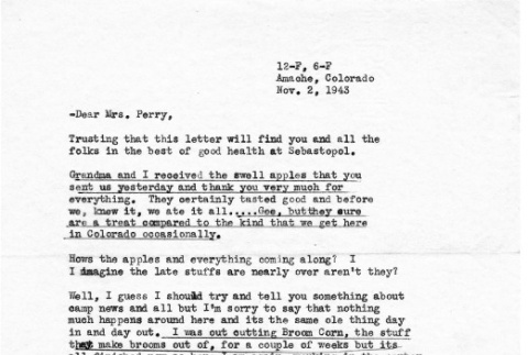 Letter from Frank Ito to Joe and Lea Perry, November 2, 1943 (ddr-csujad-56-132)