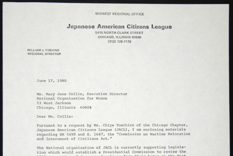 Letter to Mary Jane Collin of the National Organization for Women  from Miye Tomihiro (ddr-chijacl-1-136)