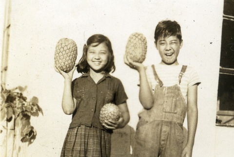 Two children holding pineapples (ddr-densho-22-346)