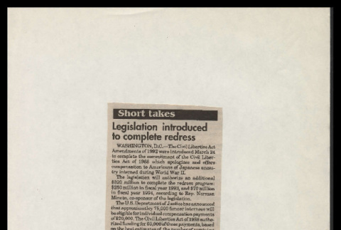 [Newspaper clipping titled:] Legislation introduced to complete redress (ddr-csujad-55-2077)