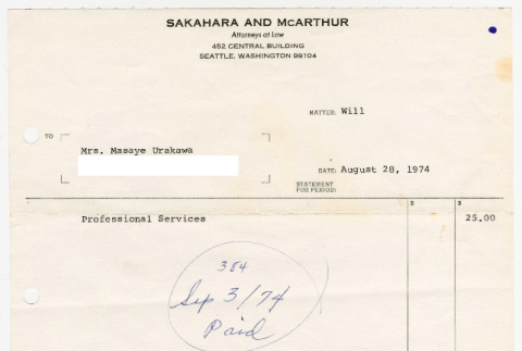 Receipt for Professional Services from Sakahara and McArthur, Attorneys at Law (ddr-densho-474-69)