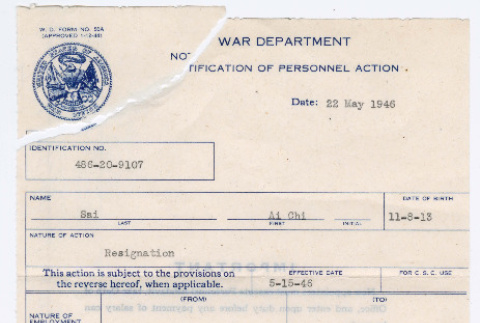 W.D. Form No. 50A: Notification of Personnel Action (ddr-densho-446-173)