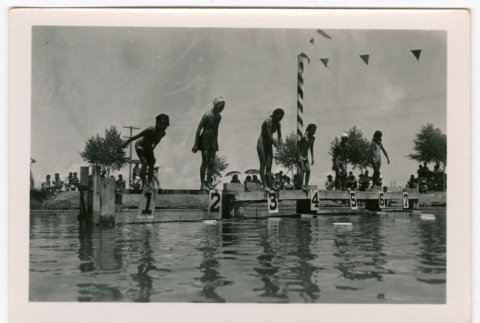 Six girls ready to dive into the water (ddr-densho-475-404)