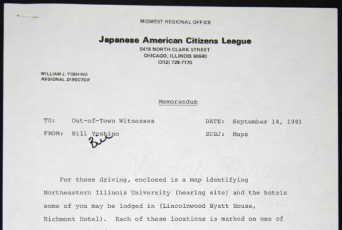 Memo and two maps for witnesses for CWRIC from Bill Yoshino (ddr-chijacl-1-565)