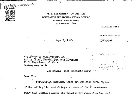 List of Japanese civilians deported to Japan, including letters to Albert Clattenburg, Special Projects Division. Department of State from N.D. Collear and N.F. Kelly, Assistant Commissioners for Alien Control (ddr-densho-564-15)