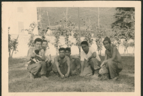Six Men Pose with a Puppy (ddr-densho-368-580)