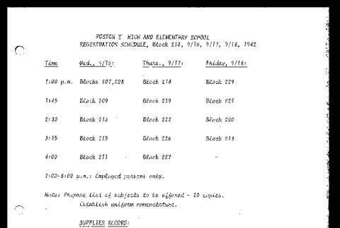 Poston 2 High and Elementary School registration schedule, Block 210, 9/16, 9/17, 9/18, 1942 (ddr-csujad-55-1686)