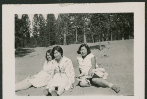 3 women on a wooded beach (ddr-densho-378-854)