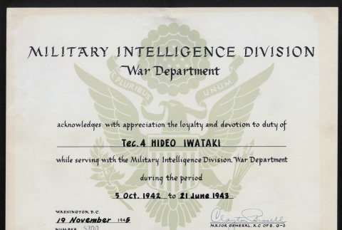 Military Intelligence Division certificate for Hideo Iwataki (ddr-ajah-2-745)