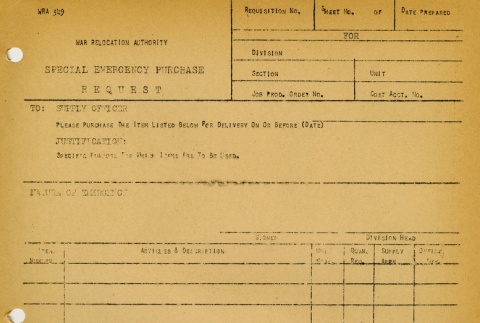 War Relocation Authority form: Special Emergency Purchase Request (ddr-densho-155-47)