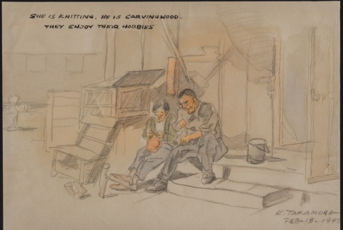 Sketch of a couple knitting and carving wood (ddr-manz-2-64)
