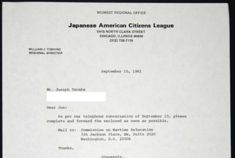 Letter to Joseph Tanaka from William Yoshino (ddr-chijacl-1-567)