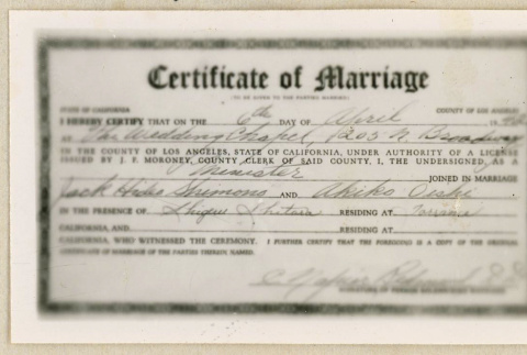 Wedding certificate for Jack Shimino and Akiko Oiske (ddr-densho-37-2067)
