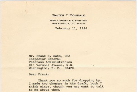 Letter from Walter F. Mondale to Frank Sato (ddr-densho-345-66)