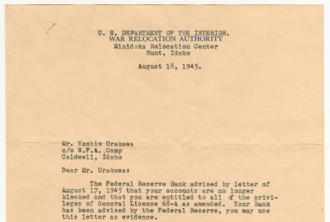 Letter from Frank S. Barrett to Yoshio Urakawa (ddr-densho-474-74)