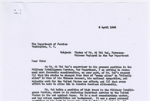 Letter from Lt. Col. E. M. Hudgins to U.S. Department of Justice (ddr-densho-446-157)