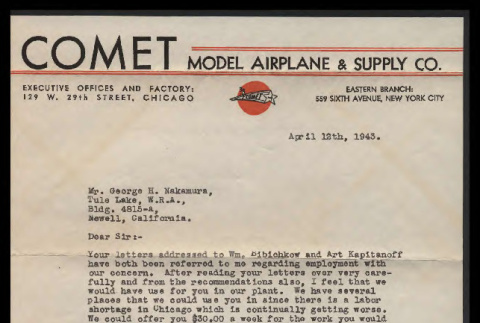 Letter from Sam A. Goldenberg, General Manager, Comet Model Airplane Company to George Hideo Nakamura, April 12, 1943 (ddr-csujad-55-2153)