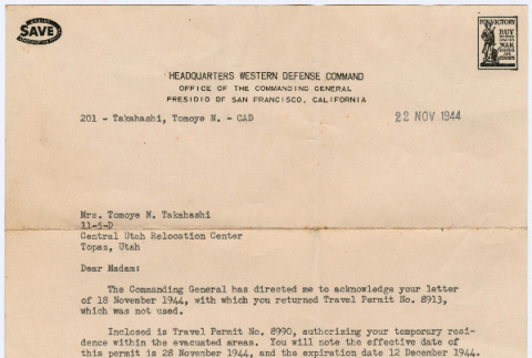 Letter to Tomoye Takahashi from Western Defense Command Headquarters (ddr-densho-410-10)