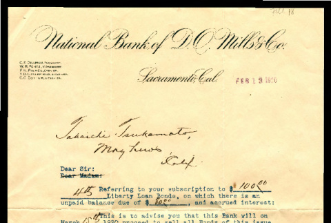 Letter from National Bank of D.O. Mills & Co. to Takaichi Tsukamoto, February 13, 1920 (ddr-csujad-55-1290)
