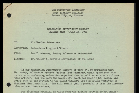 Memo from Leo T. Simmons, Acting Relocation Supervisor, War Relocation Authority, to all project directors, July 15, 1944 (ddr-csujad-55-845)