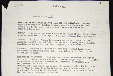 American Legion, Department of Illinois, Resolution (ddr-chijacl-1-101)