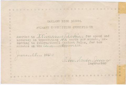 Minoru Iyeki's typewriting certificate (ddr-densho-392-62)