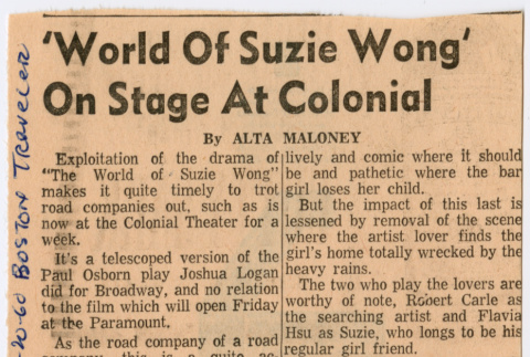 Clipping from Boston Traveler with review of The World of Suzie Wong (ddr-densho-367-260)