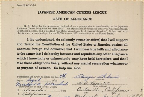 JACL Oath of Allegiance for Setsuye Shikano (ddr-ajah-7-126)