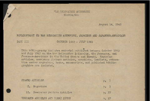Bibliography on War Relocation Authority, Japanese and Japanese-Americans, Part III (ddr-csujad-55-1652)