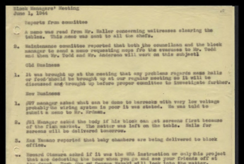 Minutes from the Heart Mountain Block Chairmen meeting, June 1, 1944 (ddr-csujad-55-455)