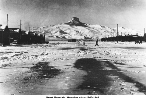 Heart Mountain camp in snow with Heart Mountain in background (ddr-ajah-2-898)