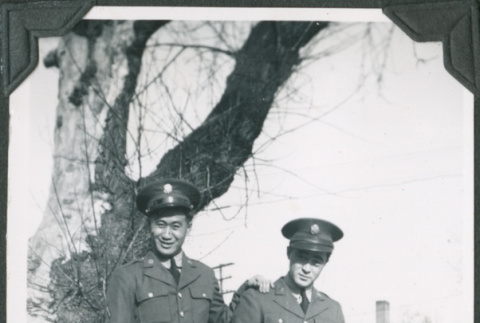 Two men in uniform standing by tree (ddr-ajah-2-92)