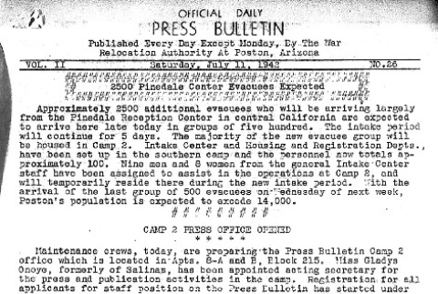 Poston Official Daily Press Bulletin Vol. II No. 26 (July 11, 1942) (ddr-densho-145-52)