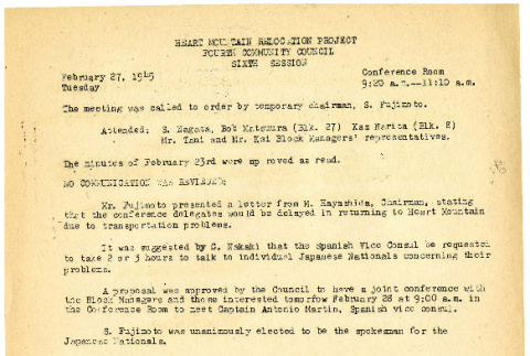 Heart Mountain Relocation Project Fourth Community Council, 6th session (February 27, 1945) (ddr-csujad-45-10)
